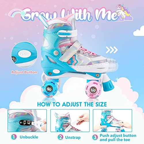 SULIFEEL Rainbow Unicorn 4 Size Adjustable Light up Roller Skates for Girls Boys for Kids