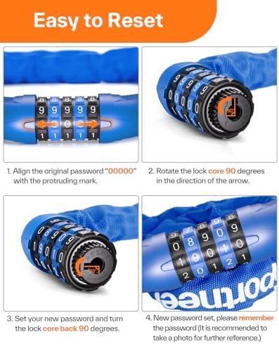 Sportneer Bike Lock: 5 Digit Combination High Security Anti Theft Bike Chain Lock - 3.2/3.6/4ft Heavy Duty Keyless Bicycle Lock for Bike, Motorcycle, Scooter, Door & Gate - 4/6mm Thick, Easy to Use