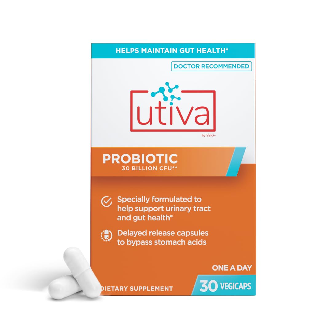Szio+ Utiva Probiotic – Urinary Tract and Gut Health Supplement – 12 Billion CFU Lactobacillus & Bifidobacterium Probiotic for Men and Women, 30 Delayed Release Vegi Capsules