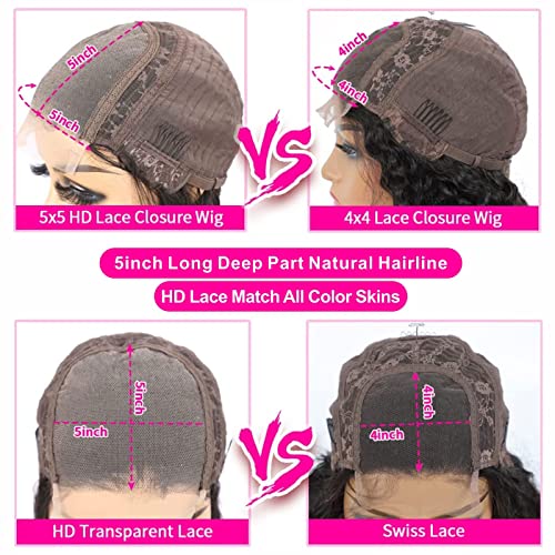 Aaliweya 5x5 HD Transparent Lace Closure Wigs Human Hair Body Wave 5x5 Closure Wigs for Women 150% Density Glueless Wigs Pre Plucked Soft and Smooth Natural Black Color 18 inch