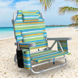 Suteck Beach Chair, Adjustable 5-Position Backpack Beach Chairs for Adults Kids, Foldable Lay Flat Chair with Cooler Bag, Cup Holder and Lumbar Pillow, Reclining Lay Down Chairs for Lawn Outdoor