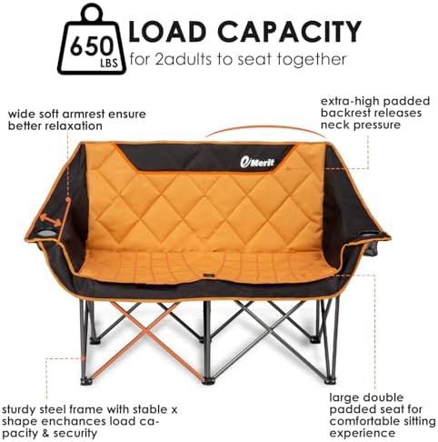 EMERIT Oversized Double Duo Camping Chair Folding Camping Loveseat 2 Person Camping Couch Heavy Duty Lawn Chairs for Outside with Padded Seats & Armrests-Support 650LBS