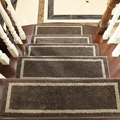 COSY HOMEER Soft Stair Treads 15pcs Non-Slip Carpet Mat 28inX9in Indoor Stair Runners for Wooden Steps,Stair Rugs for Kids and Dogs, 100% Polyester TPE Backing Brown,Square