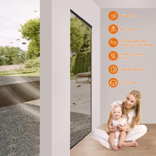 MAGZO Hanging Screen Door, Fits Door Size 36" x 80" (Curtain Size 38'' x 81''), Upgraded Fiberglass Mesh Net with Tension Rod&Hook&Loop (One Piece Can be Installed in 2 Ways), Weighted Bottom, Grey