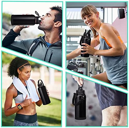 32-40-64OZ Stainless Steel Water Bottle - Black Water Bottle with Straw & Spout Lid, Paracord Handle & Bottle Sleeve, Insulated Vacuum Water Flask Double-Wall Metal Thermo Cup Canteen for Gym School