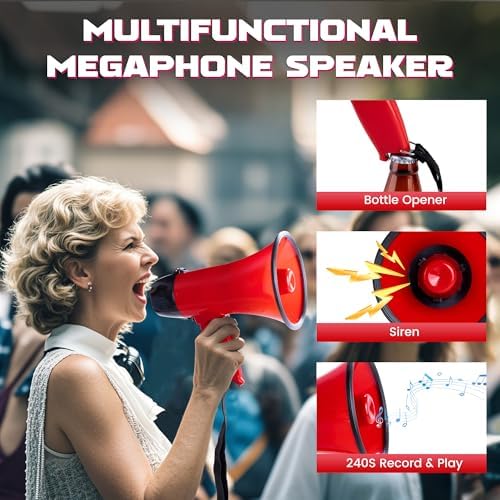 MyMealivos Portable Megaphone Bullhorn 20 Watt Power Megaphone Speaker Voice and Siren/Alarm Modes with Volume Control and Strap (Red)