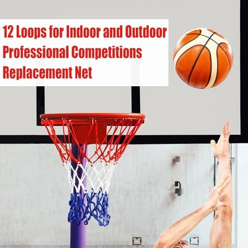 Basketball Net Replacement, 2025 Upgrade Thick Professional Basketball Nets Heavy Duty Outdoor, All Weather Anti Whip Color Never Fade -12 Loops (Red White Blue)