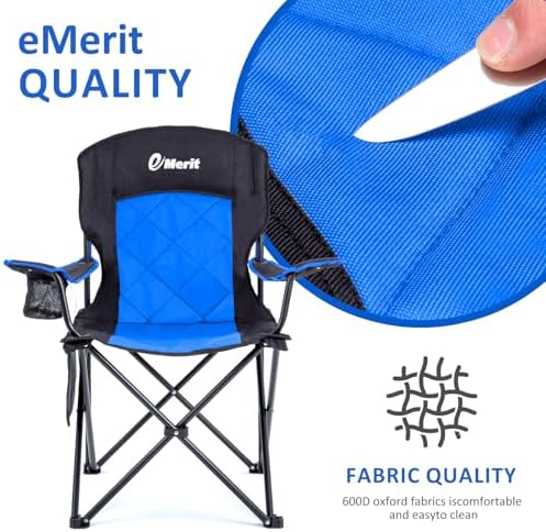 EMERIT Oversized Padded Camping Chair, 350LB Heavy Duty Quad Fold Chair with Arms, Collapsible Outdoor Chairs with Lumbar Back & Cup Holder