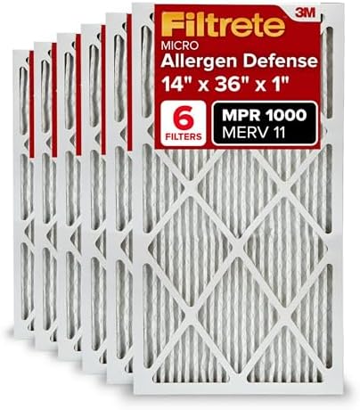 Filtrete 14x36x1 AC Furnace Air Filter, MERV 11, MPR 1000, Micro Allergen Defense, 3-Month Pleated 1-Inch Electrostatic Air Cleaning Filter, 6 Pack (Actual Size 13.88x35.9x0.81 in)