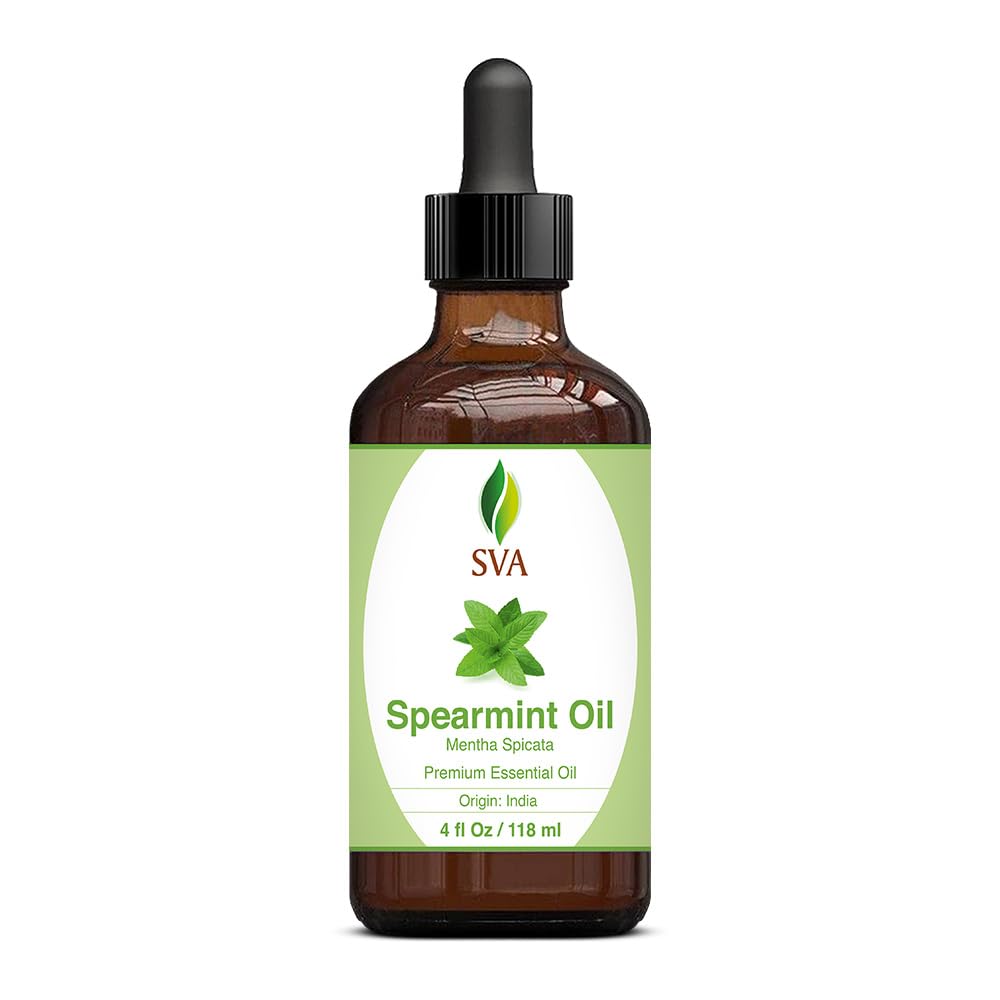 SVA Spearmint Essential Oil – 4 Fl Oz – 100% Natural Spearmint Oil - for Diffuser, Hair Care, Face, Skin Care, Aromatherapy, Scalp and Body Massage, Soap and Candle Making – with Dropper