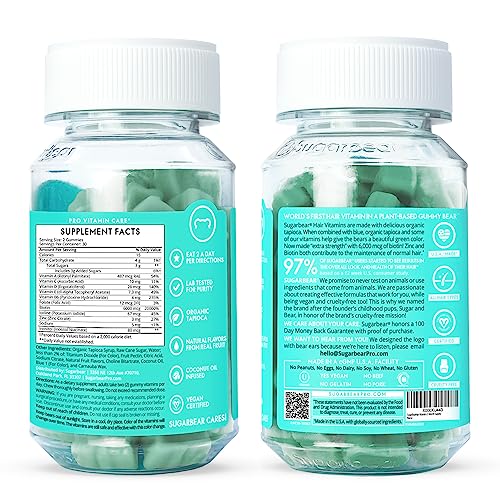 Sugarbear Hair Vitamins Extra Strength Biotin 6000mcg, Vitamin C, E, Coconut Oil, Zinc, Folic Acid, Inositol - Vegan Gummies for Luscious Hair and Nails - Supplement for Women & Men (1 Month Supply)