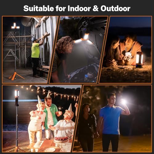 OGERY Rechargeable 10000mAh Camping Light with Stand 6.5 ft Max Height, Cordless Work Light with 3 LED Lamp Heads, 2200 Lumens Camping Essentials Gear Emergency Flashlight with Detachable Tripod