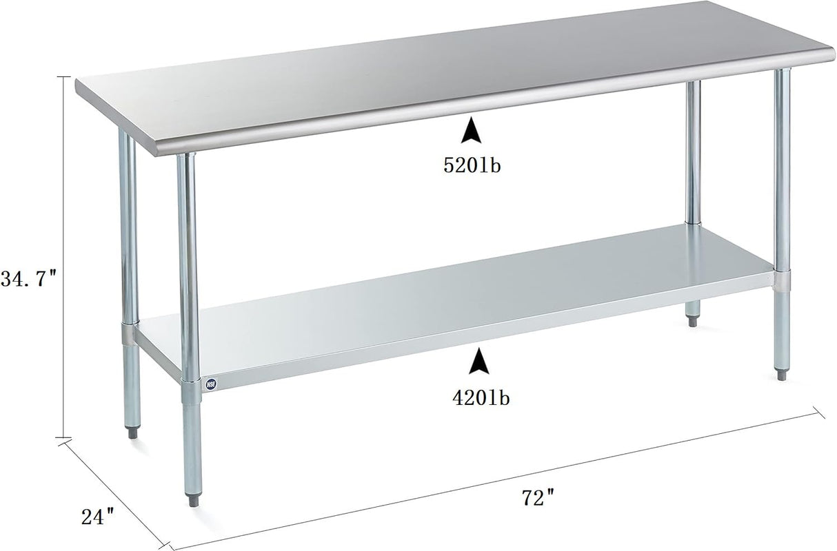 ROCKPOINT Stainless Steel Table for Prep & Work 24x72 Inches, NSF Metal Commercial Kitchen Heavy Duty Table with Adjustable Under Shelf and Table Foot for Restaurant, Home and Hotel