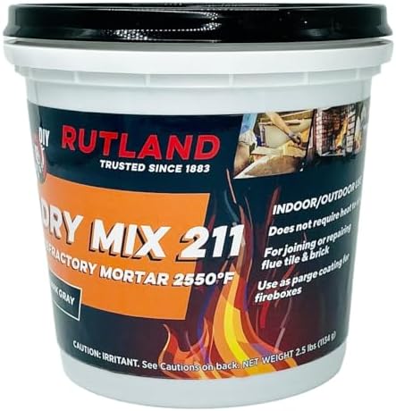 Rutland Dry Mix Refractory Mortar, Masonry & Fire Brick Cement, No Heat Cure Required, Dark Gray, 2550F, 2.5 lb Tub