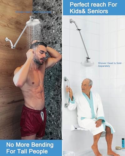 15 Inch Extra Long Adjustable Shower Head Extension Arm With Locking Set Screw, Singing Rain Brass Chrome Angle Height Adjustable, Easy To Install, G1/2 Universal Connector Compatible (Chrome Finish)