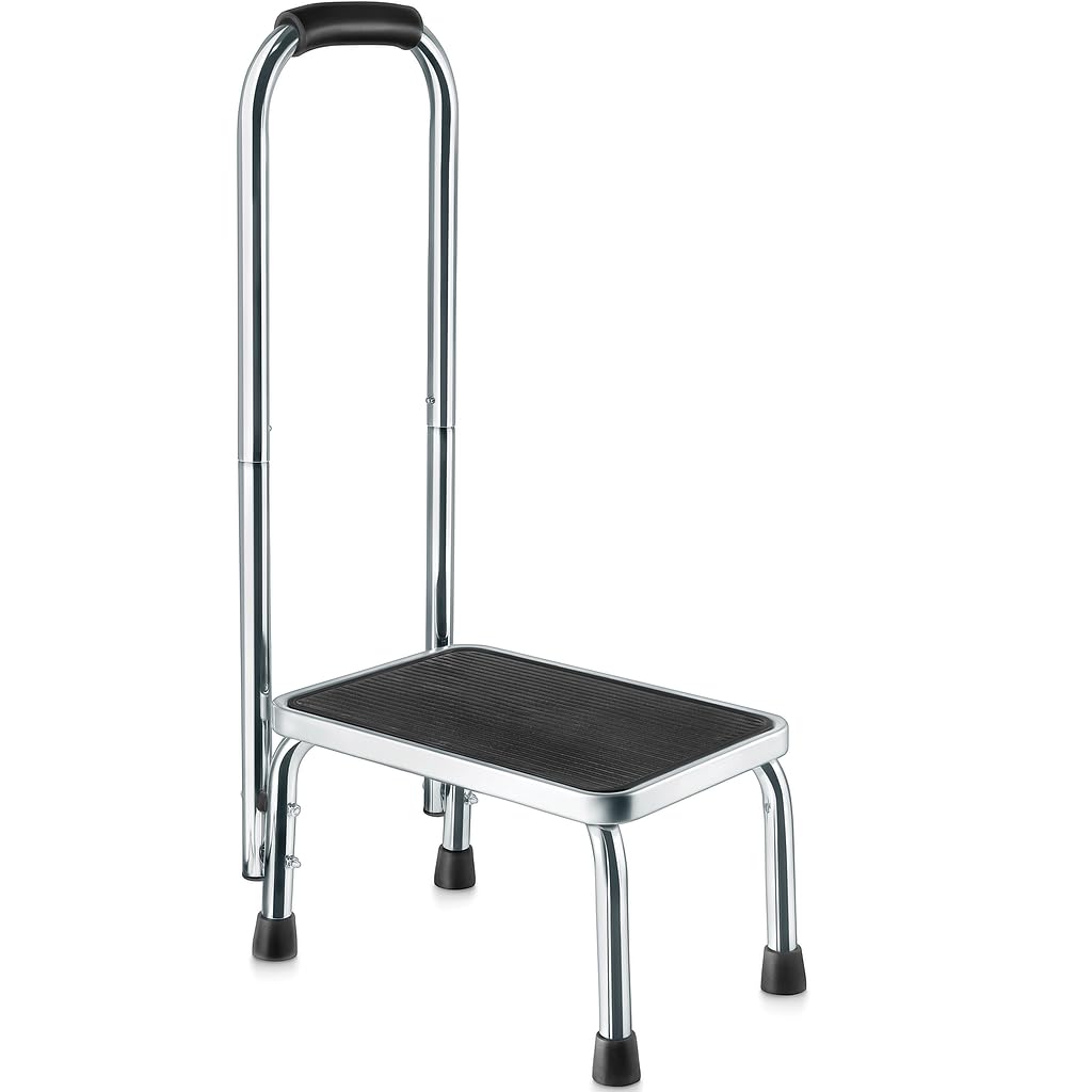 Step Stool with Handle for Adults Step stools with Handle for Elderly for Bed Chrome-Plated Steel Frame 330Lbs Capacity Use at Home Bathroom Kitchen