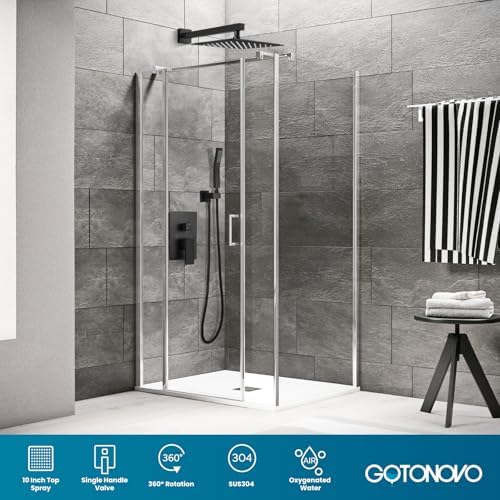gotonovo Rainfall Bathroom Shower System Rain Shower Head and Handle Set Wall Mounted Shower Complete Combo Solid Brass Pressure Balancing Shower Mixer Valve 10 Inch Matte Black