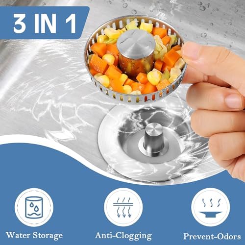 Kitchen Sink Drain Strainer 2 Pack, 304 Stainless Steel Pop Up Sink Stopper, Anti-Clogging Sink Drain Strainer for US Standard Kitchen Drain