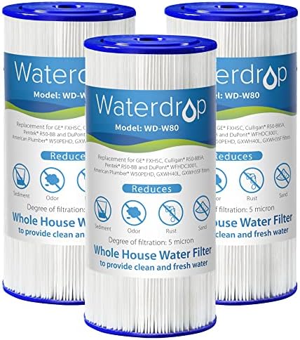 Waterdrop W50PEHD Whole House Water Filter, Replacement for American Plumber, W10-PR, Culligan® R50-BBSA, GE ®FXHSC, GXWH40L, GXWH35F, 5 Micron, 10" x 4.5", High Flow Sediment Filters, Pack of 3