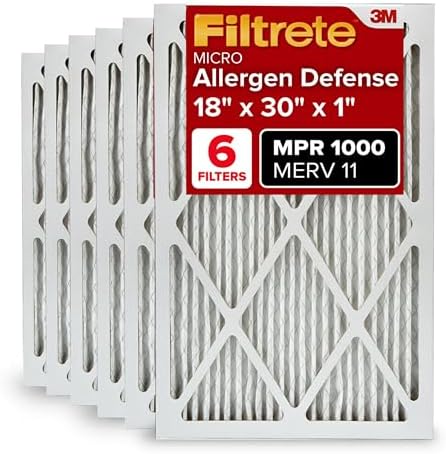 Filtrete 18x30x1 AC Furnace Air Filter, MERV 11, MPR 1000, Micro Allergen Defense, 3-Month Pleated 1-Inch Electrostatic Air Cleaning Filter, 6 Pack (Actual Size 17.81 x 29.81 x 0.81 in)
