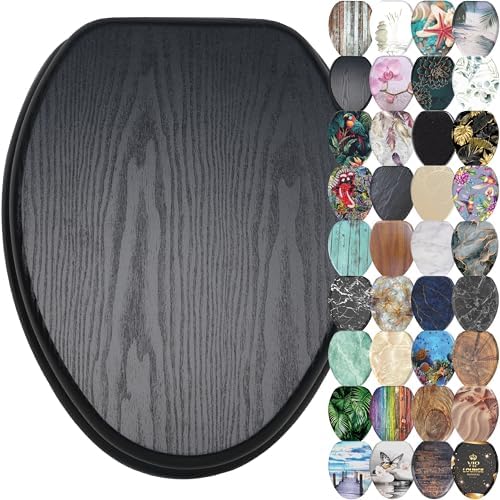 Sanilo Soft Close Toilet Seat ELONGATED, Quiet and Slow Close Lid and Seat, Strong Bumpers and Hinges, Black Wood