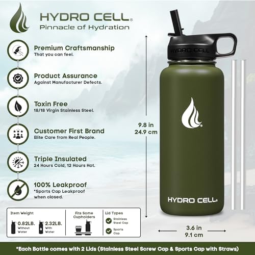 HYDRO CELL Stainless Steel Insulated Water Bottle with Straw - For Cold & Hot Drinks - Metal Vacuum Flask with Screw Cap and Modern Leakproof Sport Thermos for Adults (Army 32oz)