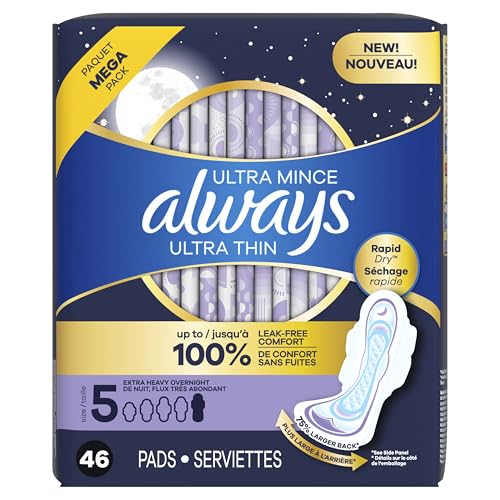 Always Ultra Thin Feminine Pads with Wings for Women, Size 5, Extra Heavy Overnight Absorbency, Unscented, Up to 100% Leak-Free Comfort, 92 Count