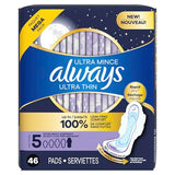 Always Ultra Thin Feminine Pads with Wings for Women, Size 5, Extra Heavy Overnight Absorbency, Unscented, Up to 100% Leak-Free Comfort, 92 Count