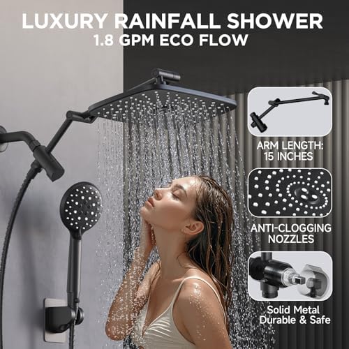 Veken [1.8gpm Eco-Flow] 11.8 Inch Rain Shower Head with 6 Modes Handheld Water Spray,Wide Showerhead Combo with Extension Arm-housewarming gift, Dual Shower with Anti-Clog Nozzles,Matte Black