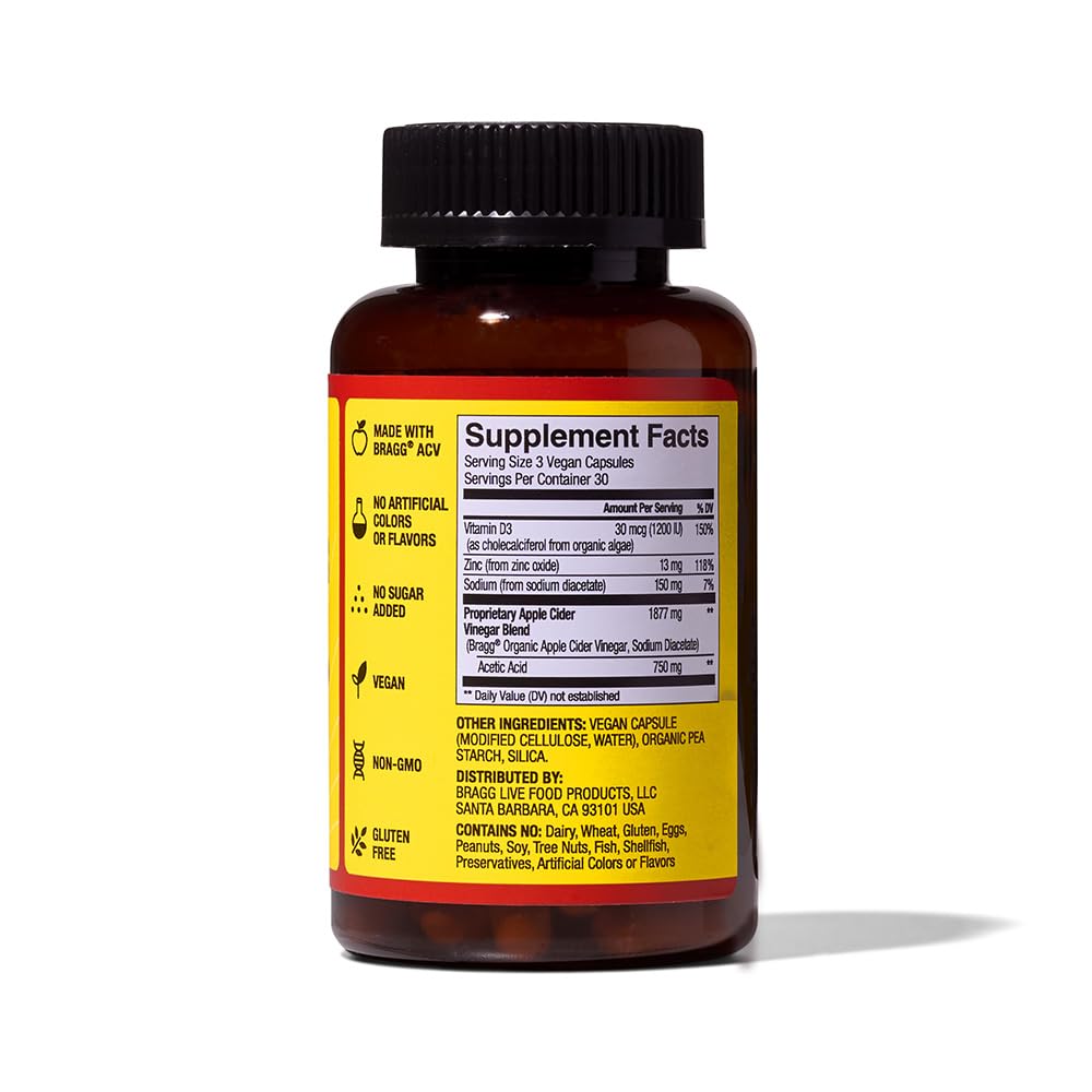 Bragg Apple Cider Vinegar Capsules with Vitamin D and Zinc - (2 Pack) 90 Capsules - Supports The Immune System