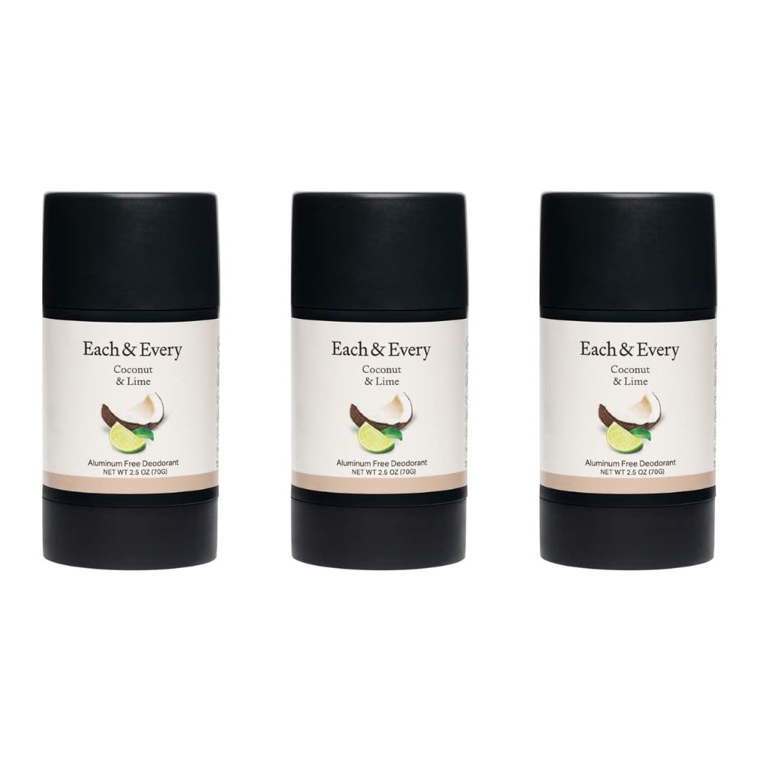 Each & Every All Natural Deodorant for Women & Men - Sensitive Skin, Plant-Based, Baking Soda & Aluminum-Free Deodorant - Long Lasting 24 Hr Odor Control - Coconut & Lime Travel Size (3 Pack, 2.5oz)