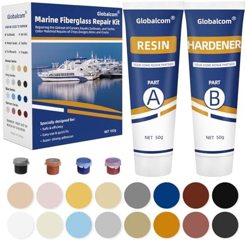 Globalcom Fiberglass Boat Repair Kit, (Color Match) Gel Coat Repair Kit for Boats, Marine Fiberglass Repair Kit for Boats, Epoxy Filler for Boats, Fiberglass Repair Kit Fix Holes Chips Pit Cracks