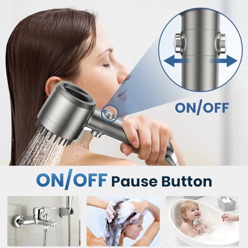 Filtered Shower Head with Handheld,High Pressure Shower Head 4 Spray Modes,ShowerHead with ON/OFF Switch for Pets,Built-in Power Wash to Clean Tub,Shower Heads Combo with Stainless Steel Hose