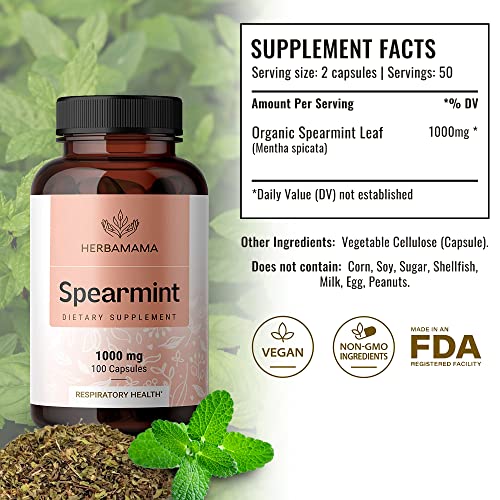 Spearmint 100 Capsules - 1000 mg - Organic Mentha Spicata Dietary Daily Supplement - Natural Support for Digestive & Respiratory Function - for Stress Relief - Vegan, Non-GMO