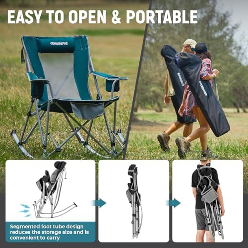 FUNDANGO Rocking Camping Chair, 2 Pack High Mesh Back Portable Folding Camp Chairs with Pillows, Cup Holder and Carry Bag for Lawn Patio Garden Outdoor Supports 300 Lbs (Black/Grey)