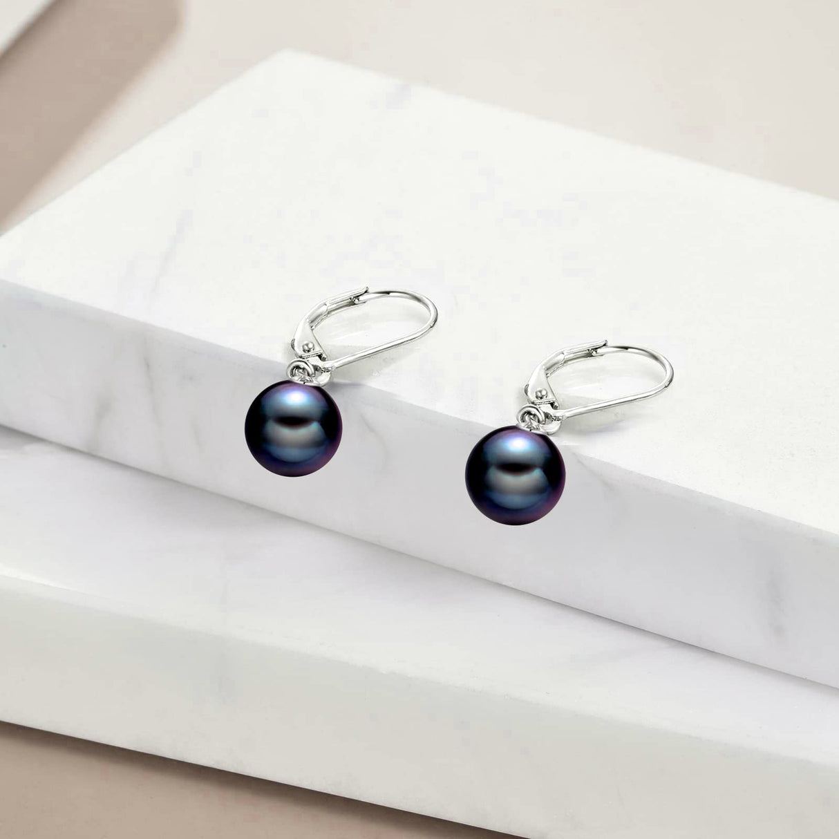 925 Sterling Silver Black Pearl Leverback Earrings Dangle Drop Jewelry for Women (Black Pearl)