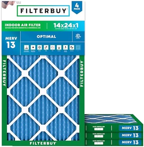 Filterbuy 14x24x1 Air Filter MERV 13 Optimal Defense (4-Pack), Pleated HVAC AC Furnace Air Filters Replacement (Actual Size: 13.38 x 23.38 x 0.75 Inches)