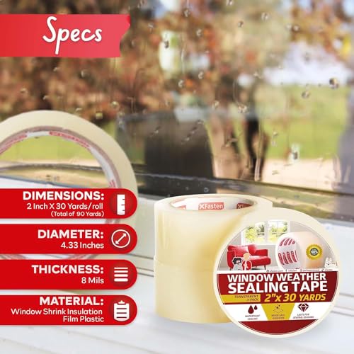XFasten Transparent Window Weather Stripping Tape 2”x30yds (3-Pack Total 90yds), No Residue Insulation Tape for Windows and Doors, Winter Window Seal