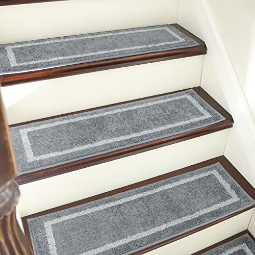 COSY HOMEER Soft Stair Treads 15pcs Non-Slip Carpet Mat 28inX9in Indoor Stair Runners for Wooden Steps,Stair Rugs for Kids and Dogs, 100% Polyester TPE Backing Grey,Square