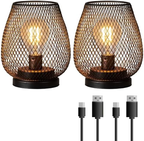 DECORKEY Set of 2 Rechargeable LED Table Lantern, Brown Metal Cage Cordless Lamps with LED Bulb，Vintage Decorative Outdoor Lantern for Weddings, Parties, Patio, Events for Indoors Shelf Decor