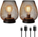 DECORKEY Set of 2 Rechargeable LED Table Lantern, Brown Metal Cage Cordless Lamps with LED Bulb，Vintage Decorative Outdoor Lantern for Weddings, Parties, Patio, Events for Indoors Shelf Decor