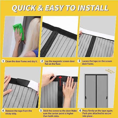 Magnetic Screen Door - Fit for Door Size: 30x80 Inch, Screen Itself Size: 32"x82", Hands Free Mesh Partition,Heavy Duty Screen Door Mesh Curtain Keeps Bugs Out, Frame Hook & Loop, Pet and Kid Friendly