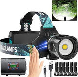 1900 Lumens Super Bright Headlamp, Rechargeable LED Head Lamp, 90 Hour Battery Standby Head Light with 9 Modes, IPX7 Waterproof Zoom Headlamps, 125° Adjustable Headlight for Camping, Adults