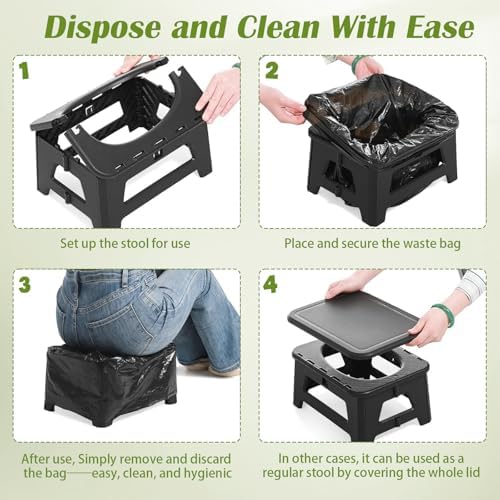 Portable Toilet for Adults, Folding Camping Toilet with Lid & Solidifier, Emergency Seat for Limited Mobility, Compact Potty for Home, RV & Travel, Anti-Slip Design (Black)