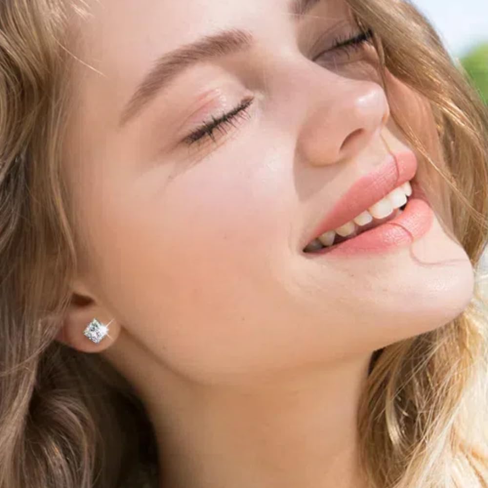 6 Pairs Screw Back Titanium Surgical Stainless Steel Round Square Princess Cut CZ Earrings For Women Men Hypoallergenic Cubic Zirconia Earrings (White Gold Plated)