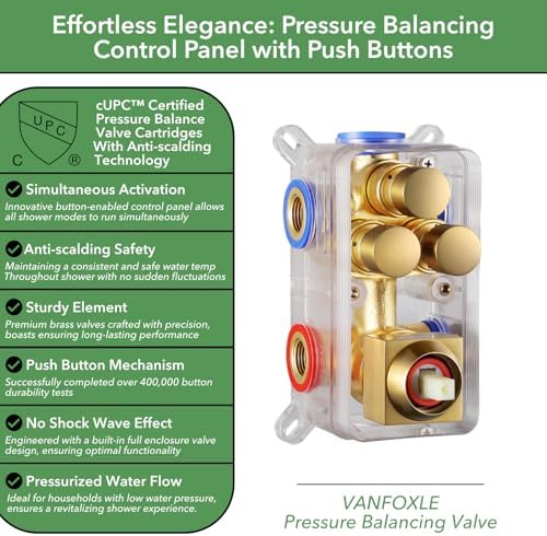 VANFOXLE Shower Faucet Set Brushed Gold Shower System,Push Button Diverter Shower Faucet with 2 in 1 Handheld,Ceiling Mount 10 Inch Shower Head with 6 Inch Wall Mount Shower Head