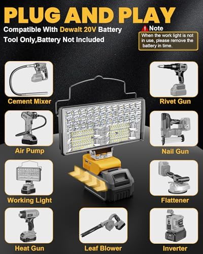 Cordless 20V LED Work Light for Dewalt 20V Max Battery, LIVOWALNY 100W 10000LM 7" Floodlight, LED Flashlights with USB & Type-C & Low Voltage Protection & 140° Pivoting Head for Emergency and Job Site