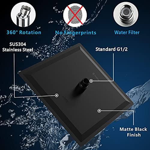 Voolan Rain Shower head, High Pressure Shower Head Made of 304 Stainless Steel, Relaxed Shower Experience Even at Low Water Flow and Pressure (8" Black)