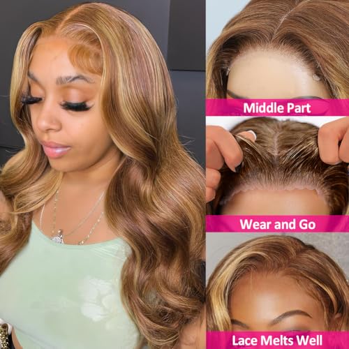 Hedy #4/27 Ombre Highlight Glueless Lace Front Wigs Human Hair Body Wave Wigs for Black Women Pre Plucked with Baby Hair 150% Density 4x4 Lace Closure (22 Inch, #4/27 Highlight Color)