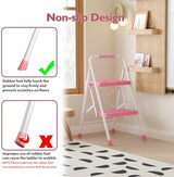 BONTEC 2-Step Ladder, Folding Step Stool, 600lbs Max Load Capacity, Sturdy Steel, Non-Slip Pedals, Lightweight, Portable Steel Ladder with Convenient Handrail, Safety Design for Home & Work, Pink